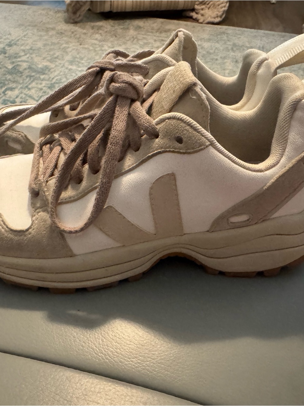 Veja Women’s Chunky Lace-Up Sneakers in Beige and White